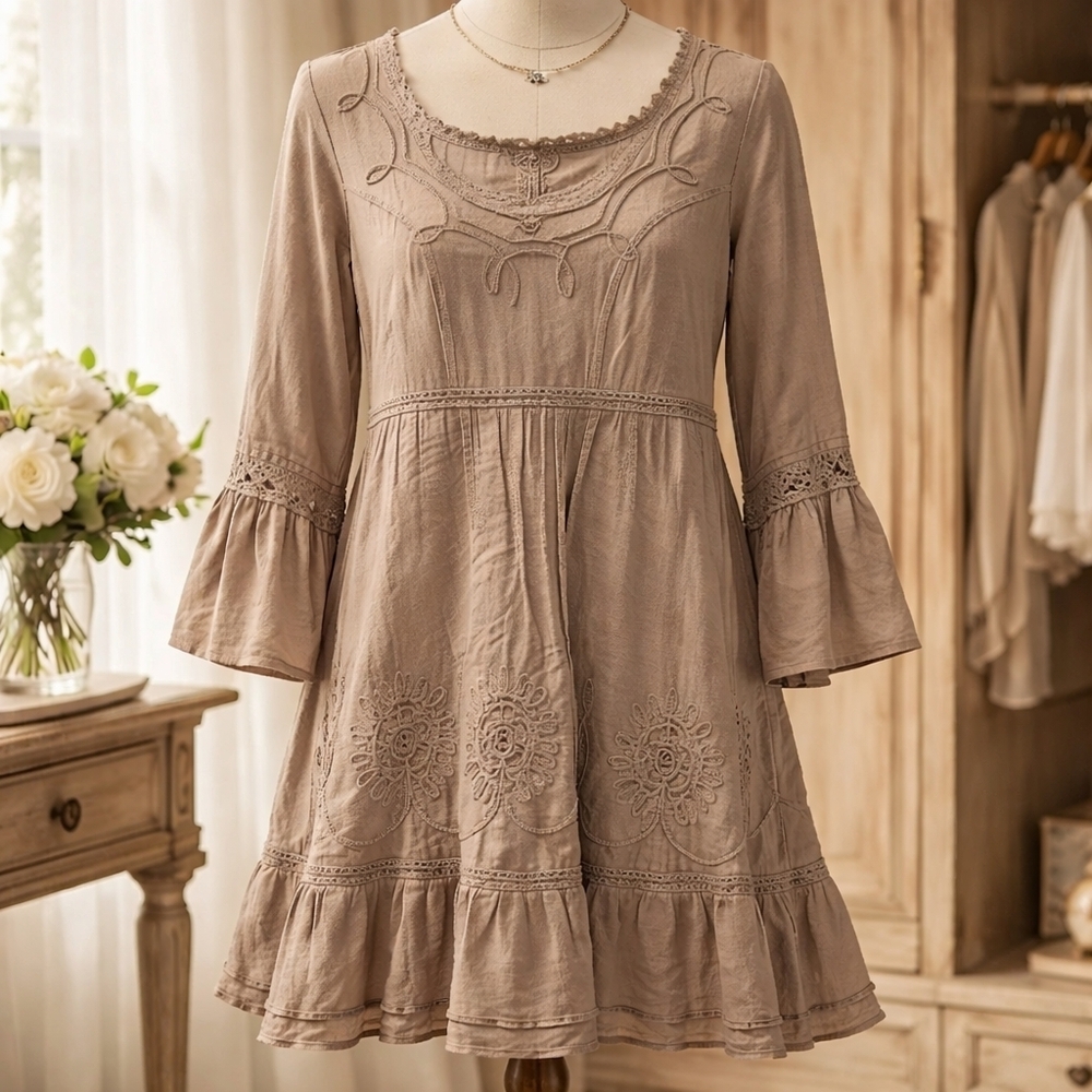 Chic Bohemian Long Sleeve Dress in Taupe